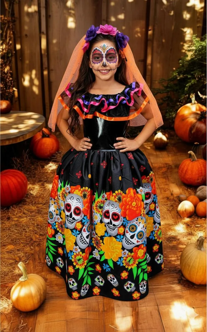 Vestido infantil Catrina con tocado floral