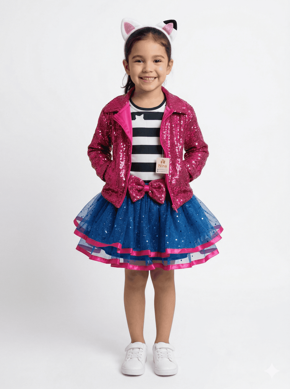 Vestido Infantil con estampado de Gatitos y Chaqueta Brillante