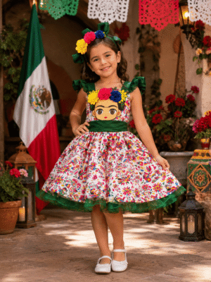 Vestido Infantil Tradicional Frida con Flores y Bordado