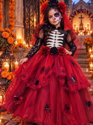 Disfraz Infantil de Elegante Catrina en Tul Rojo