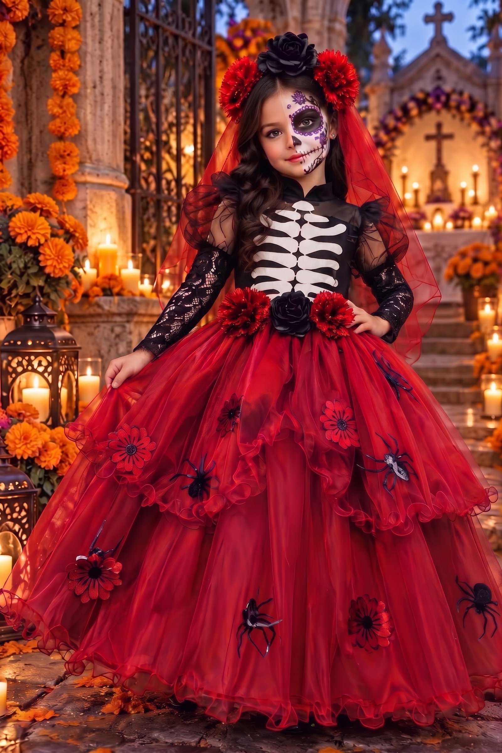 Disfraz Infantil de Elegante Catrina en Tul Rojo