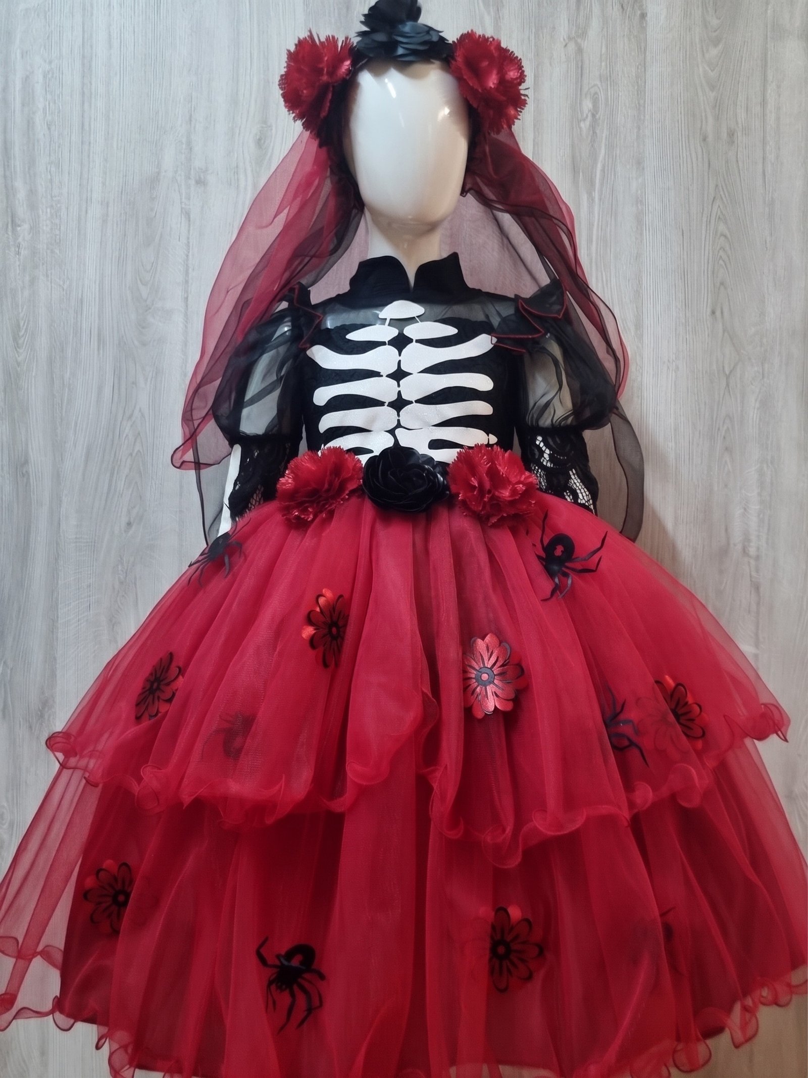 Disfraz Infantil de Elegante Catrina en Tul Rojo - Imagen 2